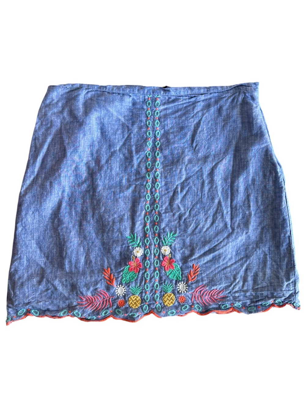 Talbots Floral Linen Blend Embroidered Skirt Sz 18 Scallop Hem Blue Coastal Boho
